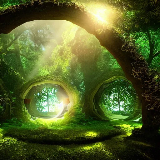 Image similar to active stargate to another dimension inside a beautiful tree in a densely overgrown jungle, fantasy, dreamlike sunrise volumetric lighting, ultra realistic, atmospheric, stopped in time, epic