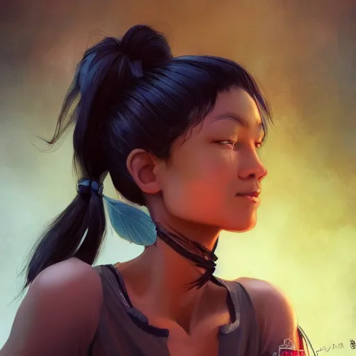 Image similar to short woman dark skin, black hair, pony tail with a old cicycle by Stanley Artgerm Lau, WLOP, Rossdraws, James Jean, Andrei Riabovitchev, Marc Simonetti, Yoshitaka Amano, ArtStation, CGSociety