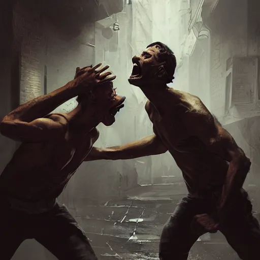 Image similar to original masterpiece artwork close-up of 2 men choking each other during a fight in an alleyway by greg rutkowski and drew strewzan, horror, crime, hyperrealistic, octane render, exciting pose, dynamic lighting