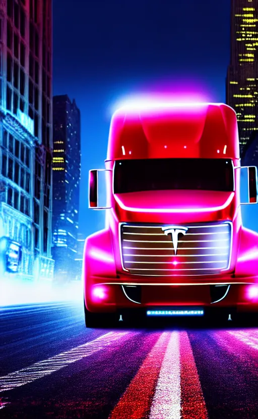 Image similar to ultra realistic and intricate detailed photograph of tesla cybertruck while racing on a neon race, new york city, movie shot, innovation, depth of field, ambient lighting, award winning, stunning