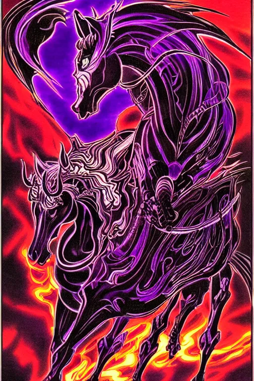 Image similar to illustration of fiery horse demon, black and purple flames, flaming eyes, horse, intricate linework, in the style of moebius, ayami kojima, 1 9 9 0's anime, retro fantasy