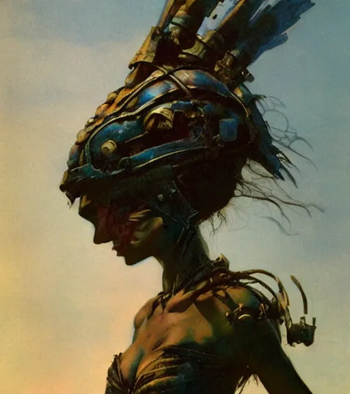 Image similar to mighty princess of the wasteland, scrap metal headdress, strong line, deep color, cloudy sky, beautiful! coherent! by brom, by frank frazetta, low angle