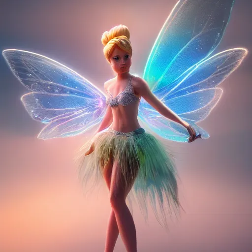 Prompt: full body pose, hyperrealistic photograph of tinkerbell, dim volumetric lighting, 8 k, octane beautifully detailed render, extremely hyper detailed, intricate, epic composition, cinematic lighting, masterpiece, trending on artstation, very very detailed, stunning, hdr, smooth, sharp focus, high resolution, award, winning photo, dslr, 5 0 mm