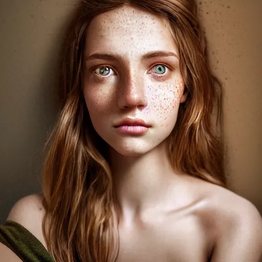 Image similar to intricate crisp portrait of a cute thin young woman, light bronze brown hair, very detailed vivid green eyes, red blush, light freckles, soft smile, casual clothes, relaxing on the couch, home interior, golden hour, close up shot, 8 k, art by irakli nadar, hyperrealism, hyperdetailed, ultra realistic