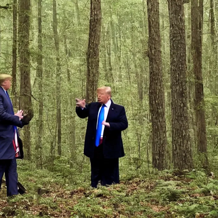 Image similar to A blurry ominous footage capture of Donald Trump in the woods talking to an alien