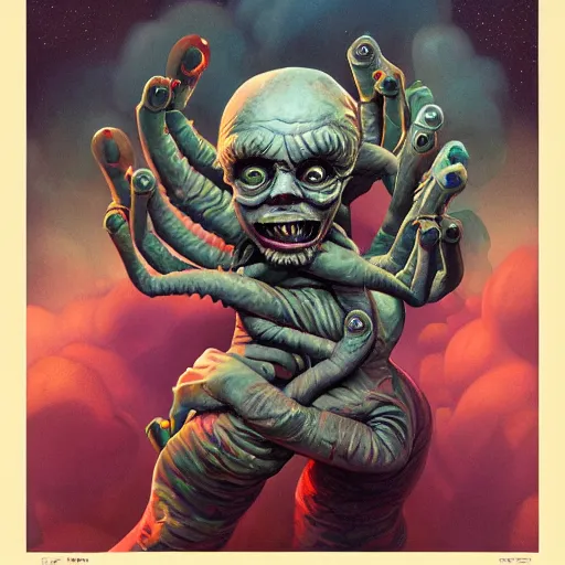 Image similar to Lofi horror, a baby monster with six arms, six arms, monster,chalk, Pixar style, Tristan Eaton, Stanley Artgerm, Tom Bagshaw, Basil Gogos