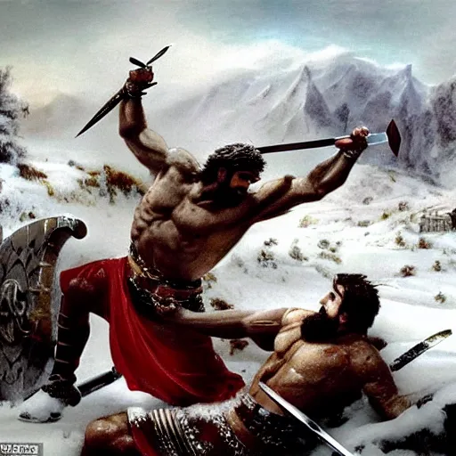 Prompt: ultra realistic leonidas i of sparta and richard the lionheart have a final duel on the snowy peaks, a blizzard is occurring, detailed