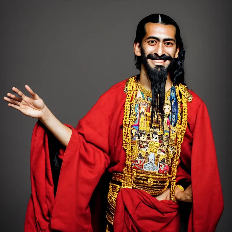 Prompt: A photo of Emperor Kuzco!!!!!!!!!!!!!!!! in his early 20s, peruvian looking, with his long black hair, facial hair shaved, smiling with confidence, and wearing!!! his emperor clothes. Portrait by Terry Richardson. Golden hour. 8K. UHD. Bokeh.