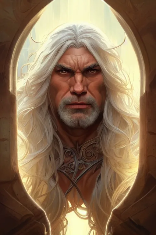 Image similar to big muscular man with long white hair, fantasy, amber eyes, face, long hair, intricate, elegant, highly detailed, digital painting, artstation, concept art, smooth, sharp focus, illustration, art by artgerm and greg rutkowski and alphonse mucha