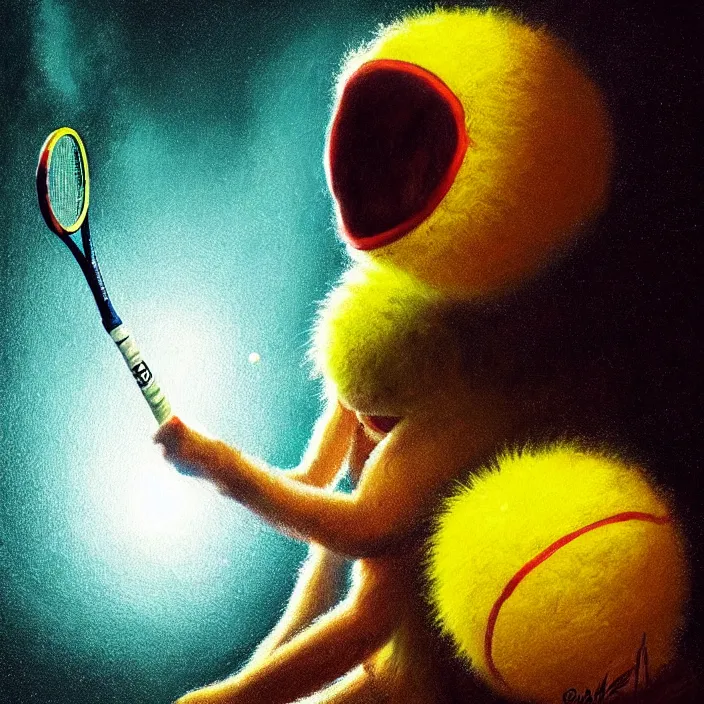 Image similar to cinematic portrait of a cute tennis ball monster in the abyss of space, chalk, masterpiece, trending on artstation, featured on pixiv, cinematic composition, dramatic pose, beautiful lighting, sharp details, hyper-detailed, HD, HDR, 4K, 8K, art by Basil Gogos