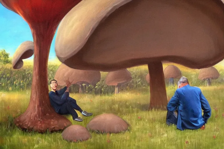 Image similar to sad orban viktor sitting under a big mushroom, surreal oil painting