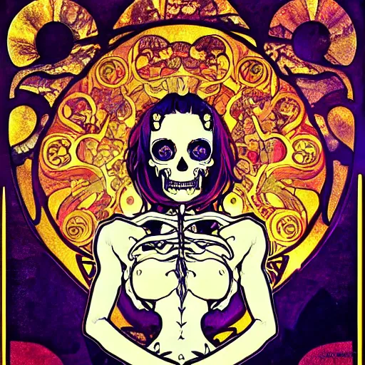 Image similar to anime manga skull portrait woman comic skeleton illustration style by Alphonse Mucha and Gustav Klimt pop art