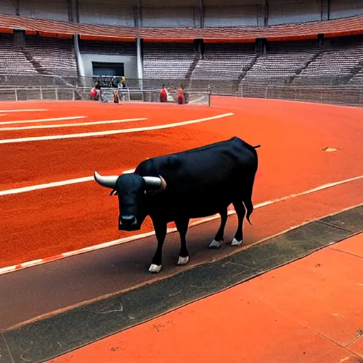 Prompt: bull wearing orange inmate clothes in a bullring stadium in pamplona