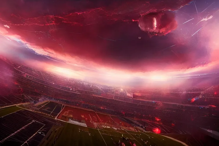 Image similar to meteorites fall from the red sky upon a football stadium, crowds panic, cinematic lighting by Jessica Rossier