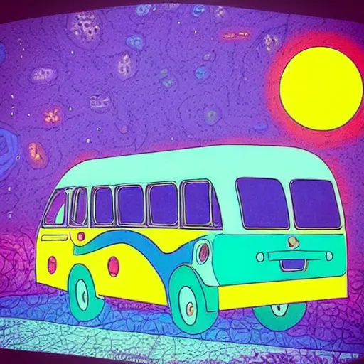 Image similar to magic school bus, trippy, instagram, beautiful, wavy bus