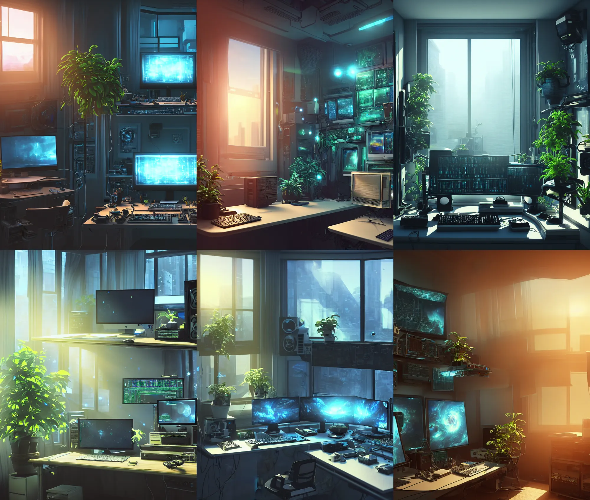 Prompt: detailed scifi artstation scene of a complex computer workstation in a small studio apartment room, a potted plant, many monitors, many electronics, a window view, maximalism, ambient occlusion, volumetric light, sunny amber morning light, soft sun beam, atmospheric haze, unreal engine, hyperrealism, realistic shading, blender render, photorealistic, wide shot