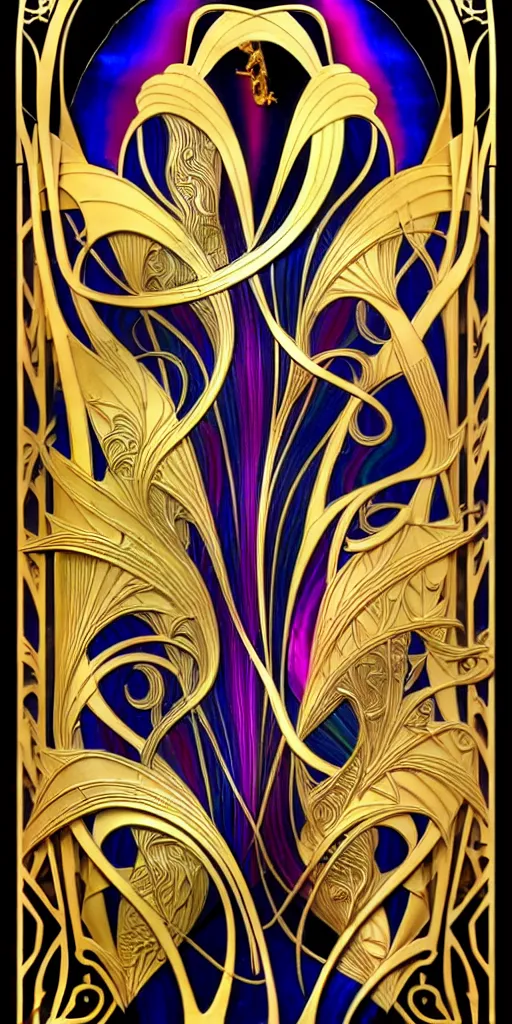 Image similar to the source of future growth dramatic, elaborate emotive Art Nouveau styles to emphasise beauty as a transcendental, seamless pattern, symmetrical, large motifs, hyper realistic, 8k image, 3D, supersharp, Flowing shiny rainbow silk cloth, Art nouveau curves and swirls, glossy iridescent and black and lustrous gold colors , perfect symmetry, iridescent, High Definition, sci-fi, Octane render in Maya and Houdini, light, shadows, reflections, photorealistic, masterpiece, smooth gradients, no blur, sharp focus, photorealistic, insanely detailed and intricate, cinematic lighting, Octane render, epic scene, 8K