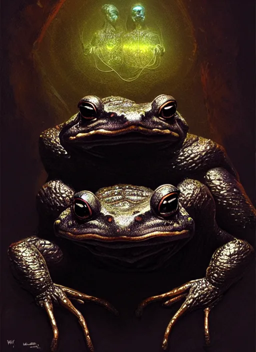 Image similar to portrait of an ancient black frog, a toad god, intricate, elegant, glowing lights, highly detailed, digital painting, artstation, concept art, smooth, sharp focus, art by wlop, mars ravelo and greg rutkowski