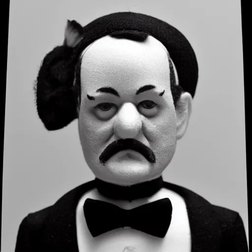 Image similar to black and white mugshot of a male doll, bill murray, he is wearing a top hat, wearing bandit mask, bow tie bandit