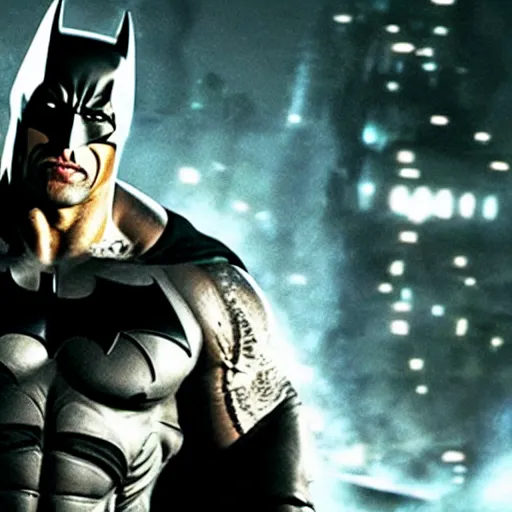 Image similar to Dwayne Johnson as batman Arkham, cinematic, epic , dramatic