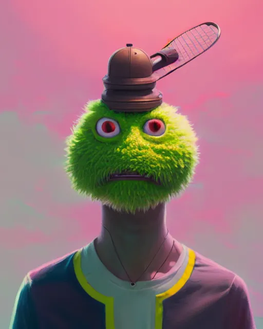 Image similar to highly detailed vfx portrait of a character of a tennis ball monster stephen bliss, unrealengine, greg rutkowski, loish, rhads, beeple, makoto shinkai and lois van baarle, ilya kuvshinov, rossdraws, tom bagshaw,