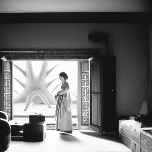 Image similar to woman in traditional hanbok waiting in living room while a giant Kaiju-eiga starfish is behind the window, 35mm film still, monochrome Wes Anderson and Fritz Lang