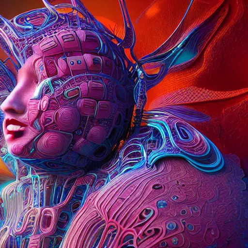 Image similar to Face of a Alien Deity, corals, circuitry, plume made of geometry, extremly detailed digital painting, sharp focus in the style of android jones, artwork of a futuristic artificial intelligence superstar, mystical colors, rim light, beautiful lighting, 8k, stunning scene, raytracing, octane, under water visual distortion, dark tones colors, trending on artstation