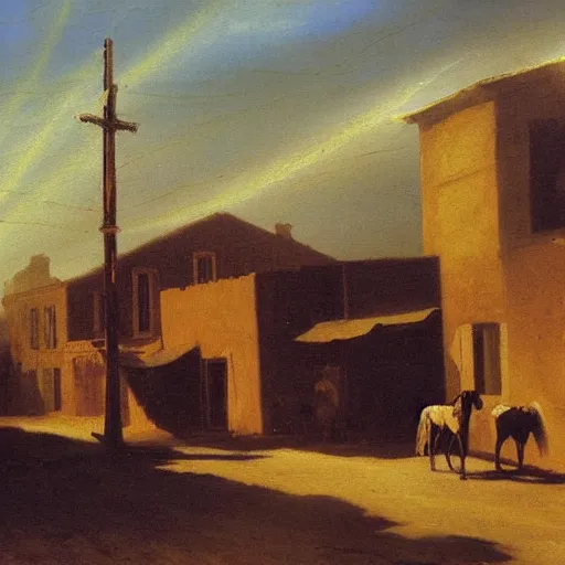 Prompt: oil painting of american old west town, dusty street, sunrays, dramatic, very very very beautiful art, romanticism by goya