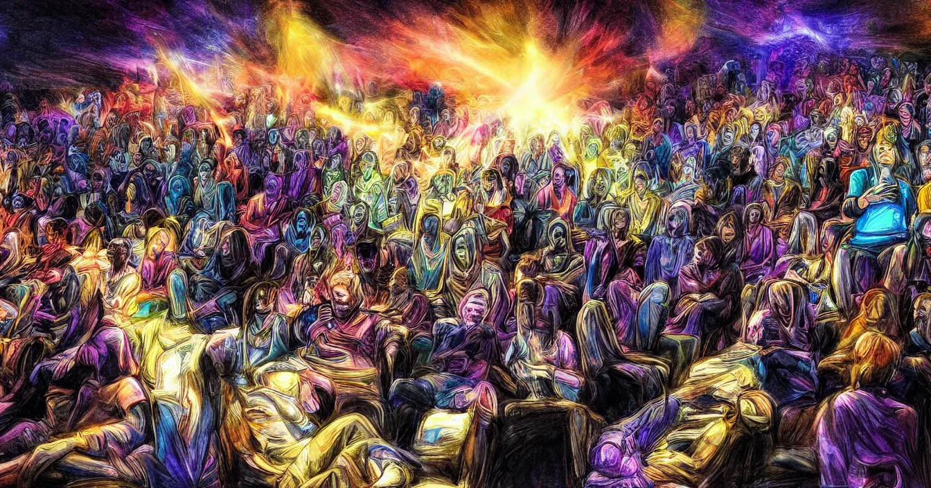 Image similar to rear view of the seated souls in the cinema watching volumetric light of consciousness projecting illusions of their lives on the big screen, trapped ego, realistic, deep sense of spirituality, digital art, style of arthur adams