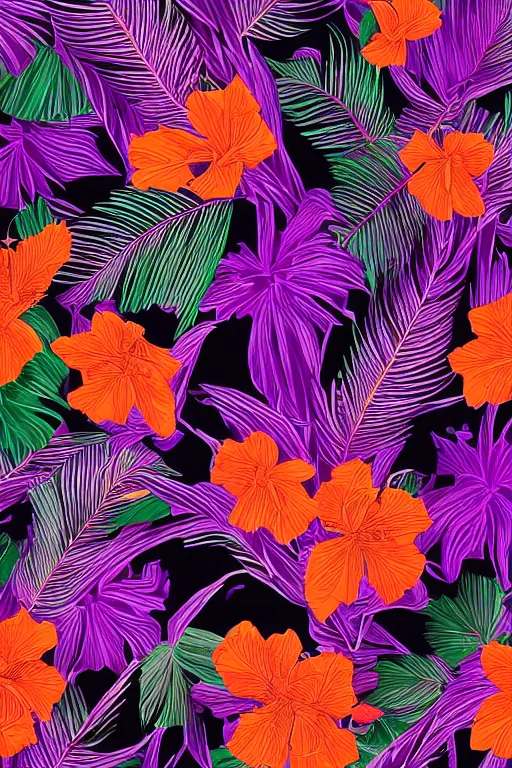 Image similar to sombre detailed vector illustration of photorealistic robotic tropical flowers and green wirey leaves, multiple cohesive colors ranging from warms purples to bright oranges on a ((very dark black factory background)), 4K resolution, trending on artstation, hd wallpaper