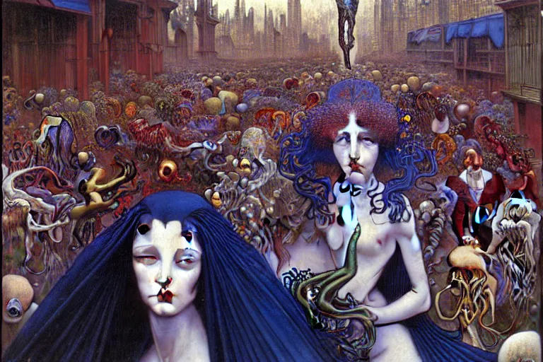 Image similar to realistic extremely detailed portrait painting of an elegant vampire in a crowded futuristic street, detailed alien crowd by Jean Delville, Amano, Yves Tanguy, Alphonse Mucha, Mark Brooks, Ernst Haeckel, Edward Robert Hughes, Roger Dean, rich moody colours, blue eyes