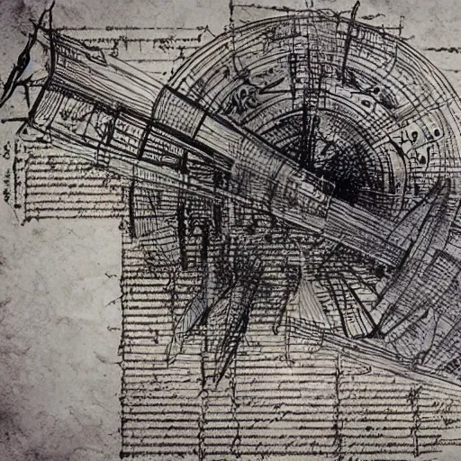 Image similar to leonardo da vinci intricate full page scan blueprint of concept art dark new music instrument on grey paper sketch ink style with music sheet backgroud