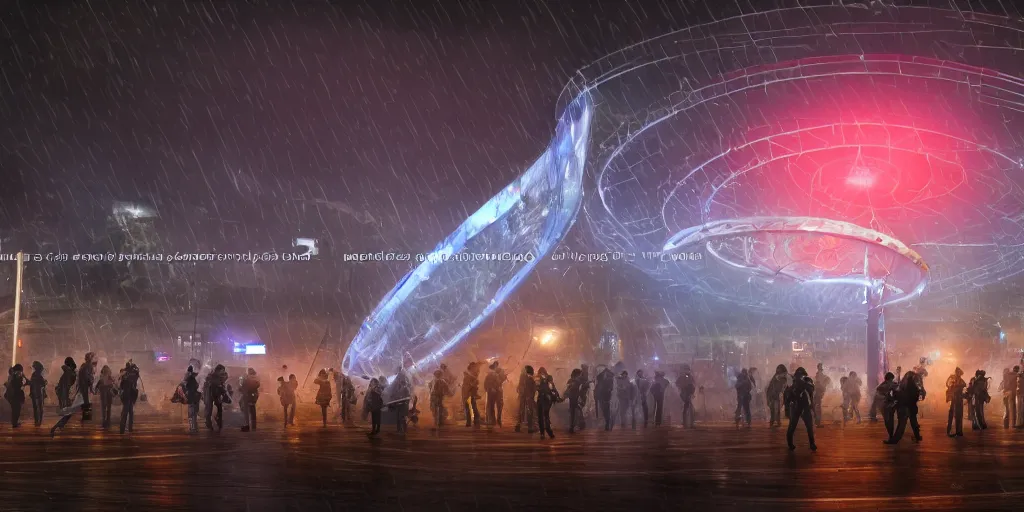 Image similar to policemen protecting a huge spiral - shaped bright luminous attractor right in the center of the city from protesting people,, rain and light fog, professional lighting, concept art in 3 d, high detail, professional lighting, 8 k, unreal engine