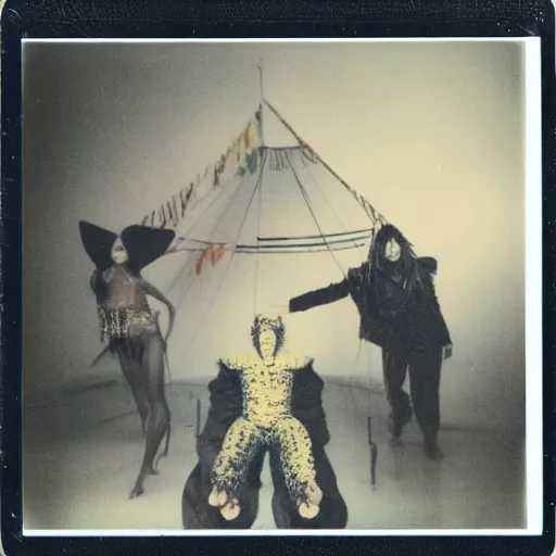 Image similar to polaroid of a surreal artsy dream scene, weird costumes, circus, double exposure