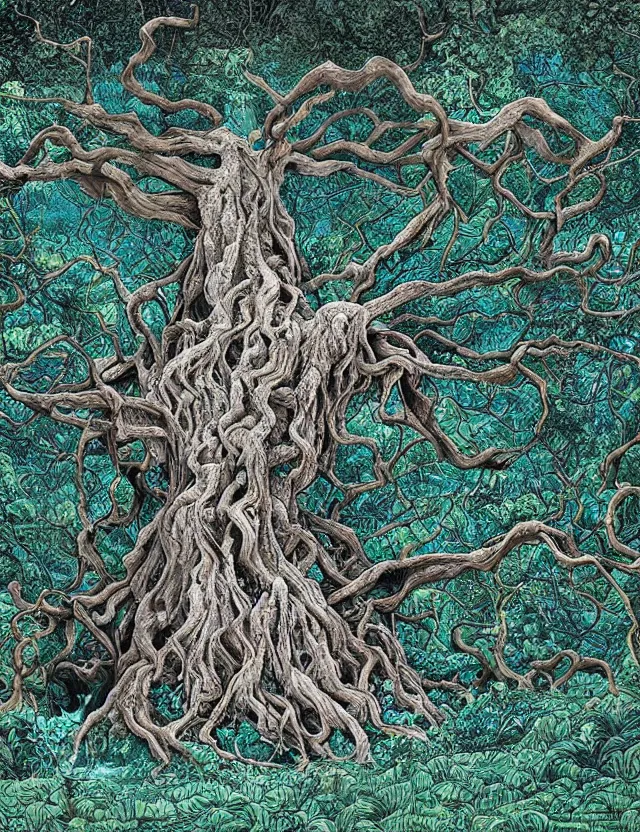 Image similar to an ancient tree with gnarled roots on a hill and rivulets of water running down in a maze by james jean and pascal blanche