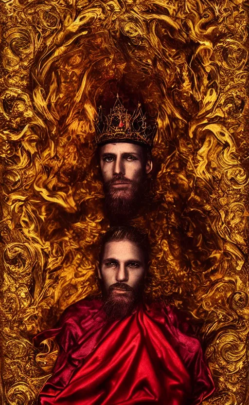 Image similar to 'Portrait of Crowned King Arthur' by Lee Jeffries royally decorated, whirling plasma, atmospheric motes, red and gold Sumptuous garb, gilt silk fabric, radiant colors, fantasy, perfect lighting, studio lit, micro details,