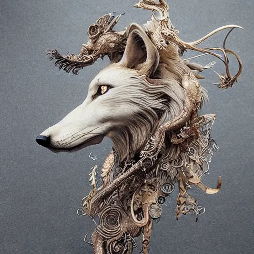 Prompt: a beautiful detailed surreal wolf, hiperrealism by ellen jewett