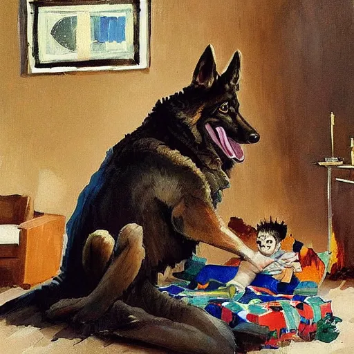 Image similar to a humanoid german shepherd beast - man, sitting and watching a soccer match in his house on television, he has hurt his knee and is a dad, by erin hanson, alexi zaitsev, karl spitzweg, award winning, tv set