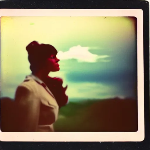 Prompt: vintage polaroid of a beautiful woman spotting a ufo, detailed clouds, warm azure tones, red color bleed, film grain