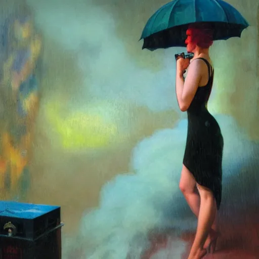 Prompt: oil painting of realistic woman, 1 9 3 0 s decopunk penthouse pleasure factory, rain and smoke, dramatic lighting, tech noir, wet skin, atmospheric, ambient, rupert everton, wlop, george tooker, gil elvgren, alexis flower, hopper, mucha, peter max, livia prima,