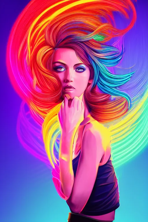 Image similar to a award winning half body portrait of a beautiful woman with stunning eyes in a croptop and cargo pants with rainbow colored ombre hairstyle head in motion and hair flying by thomas danthony, surrounded by whirling illuminated neon lines, outrun, vaporware, shaded flat illustration, digital art, trending on artstation, highly detailed, fine detail, intricate