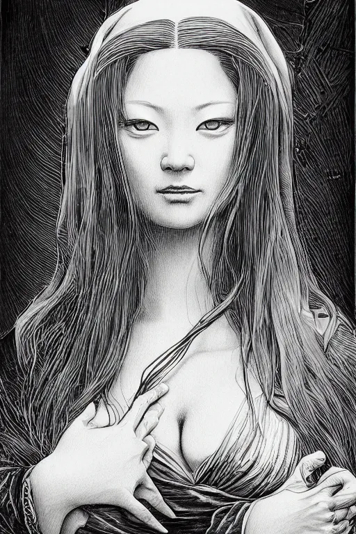 Image similar to beautiful portrait of a woman, negative no not mona lisa pose, highly detailed ink illustration of a dark alley of taipei, b & w clean shaped illustration by kim jung gi, ric estrada, ron english and eiichiro oda