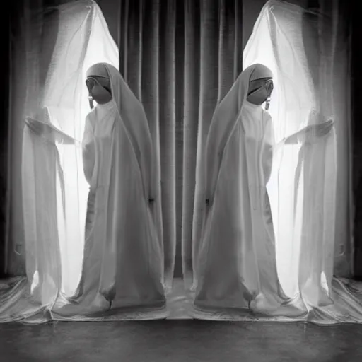 Image similar to award winning photo Floating twin nuns wearing translucent habits, see through dress, Very long arms, in a bedroom, eerie, frightening —width 1024 —height 1024