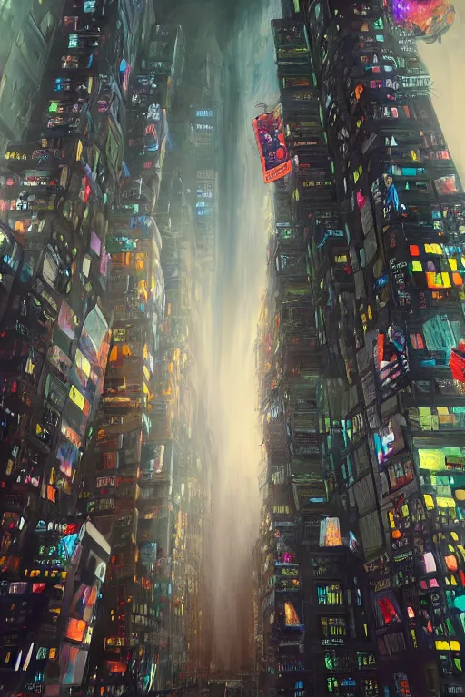 Image similar to the infinite arts of the dream robots taking over new york by mia brownell, very detailed, maximalism, ambient occlusion, volumetric light, atmospheric haze, hyper realism, futuristic but colorful shading, cinematic composition, realistic render, photography, wide shot