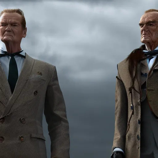 Image similar to artstation trending elden ring mod, now with roger moore, peter serafinowicz and sean connery 8k unreal astonishing render