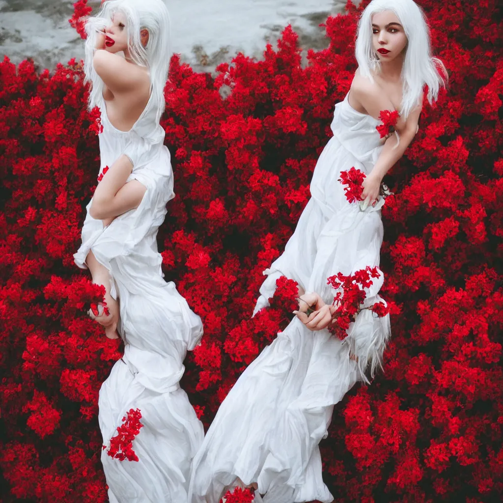 Image similar to girl with white hair in a white dress, red flowers, aesthetics, gradient