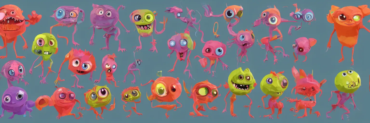 Prompt: concept sheet of cute colorful 3 d family monster characters for kids assisting a concept machine, big eyes, simple smooth shapes and forms, reflective like candy, masterpiece, award - winning, intricate concept art, 8 k, artstation