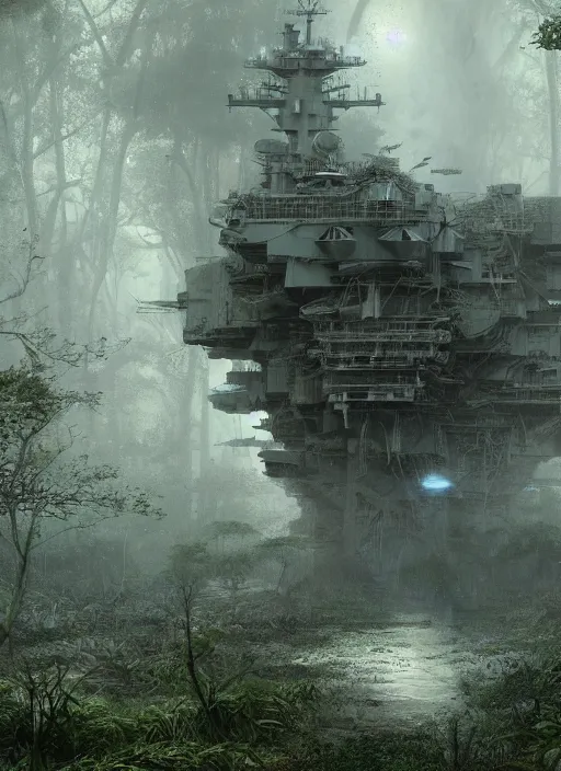 Prompt: the aircraft carrier USS Nimitz overgrown with vegetation laying on the ground of a tropical forest, post appocalyptic illustration by Luis Royo, by Greg Rutkowski, dark, gritty, intricate, cover illustration, concept art, volumetric lighting, volumetric atmosphere, sharp focus, octane render, trending on artstation, 8k