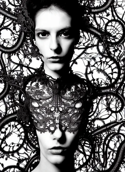 Image similar to surreal black and white photo portrait of complex bio-mechanical beautiful young female vegetal-cyborg with a Mandelbrot fractal steampunk metal fine lace face, a very long neck and a fine metal floral foliage super big lace collar by Alexander McQueen:: high fashion, haute couture, rococo, steampunk, silver filigree details, anatomical, facial muscles, cable wires, microchip, elegant, dreamy, foggy, hyper realistic, 150 mm lens, soft rim light, octane render, unreal engine, picture was taken in 1910 by Dora Maar, volumetric lighting, dramatic light,8k,