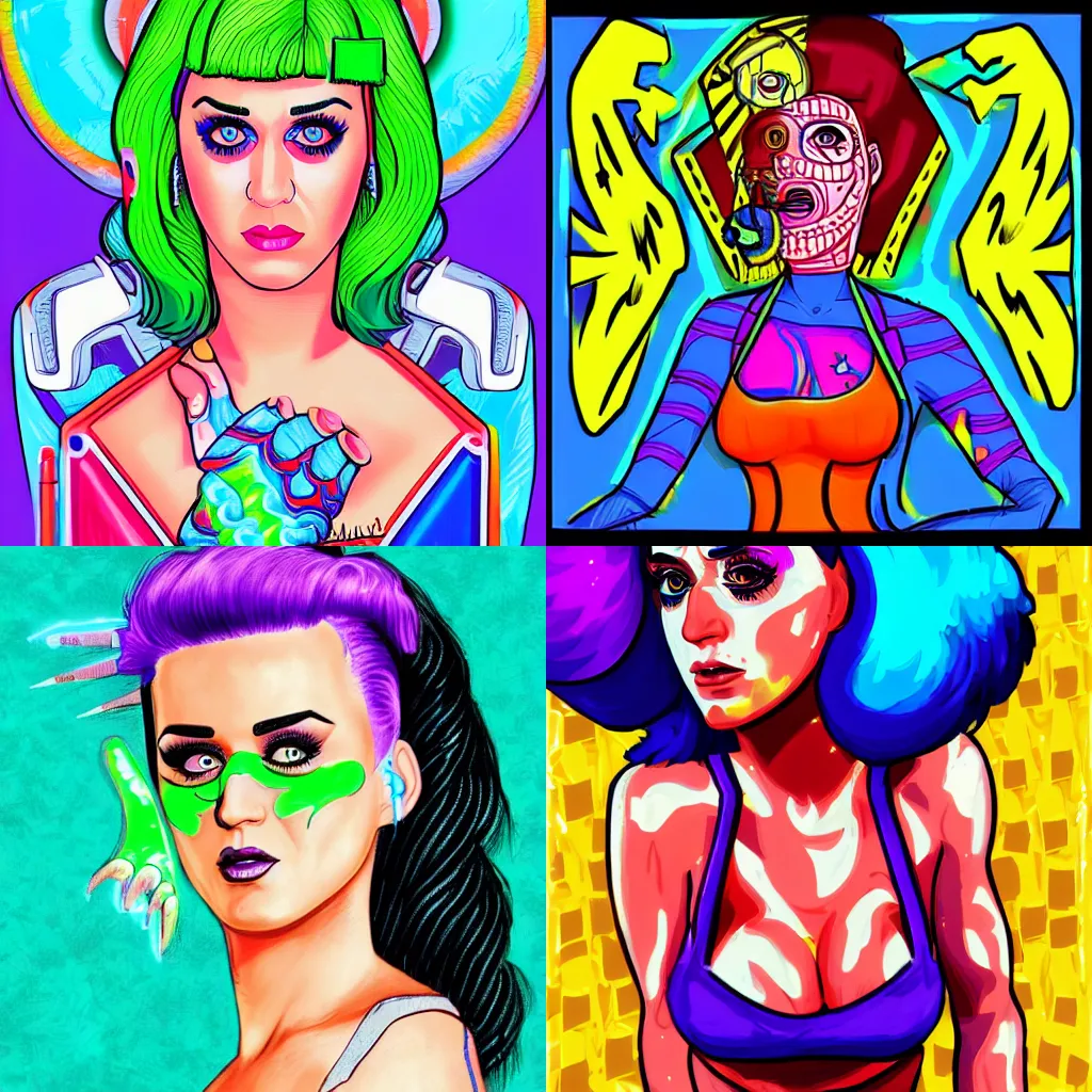 Prompt: katy perry, accurate anatomy, highly detailed, digital art, centered, portrait, colored vibrantly, in the style of hotline miami